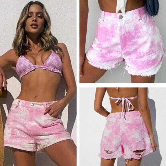 NWT TIGER MIST Arabella High-Waist Tie Dye Denim Short Sz Medium Raw Hem - Picture 1 of 10